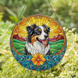 Rolling Hills Australian Shepherd Dog Flower Sunburst Arch - Home Decor Gift for Dog Lover Stained Glass Suncatcher
