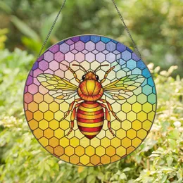 Square Honey Bee Hexagonal Honeycomb Rainbow Mosaic - Window Home Decor Gift for Bee Lovers Stained Glass Suncatcher
