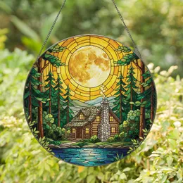 Illuminated Cabin Golden Moon Pine Forest - Home Decor Gift for Nature Lover Stained Glass Suncatcher