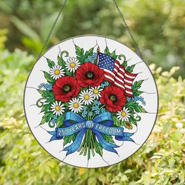 Poppy Daisy Forget-Me-Not American Flag 250 Year Anniversary Independence Day Gift for Veterans Stained Glass Suncatcher