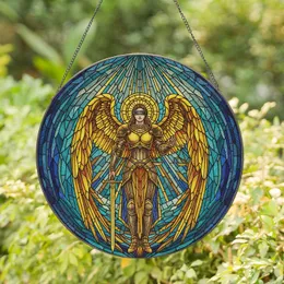 Blindfolded Winged Figure Golden Armor Sword Scales Divine Rays Celestial Geometric - Home Decor Gift Stained Glass Suncatcher