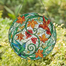 Hummingbirds Interacting Autumn Vine Berries Botanical Mosaic - Home Decor Gift Stained Glass Suncatcher
