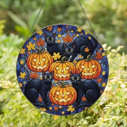 Five Black Cats Jack-O'-Lanterns Autumn Mosaic Halloween Home Decor Gift for Cat Lover Stained Glass Suncatcher