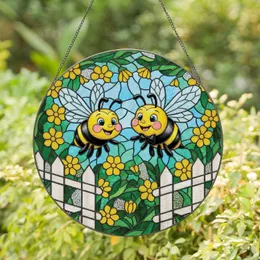 Two Cartoon Bees Picket Fence Foliage Blossoms Sky - Home Decor Gift for Garden Lovers Stained Glass Suncatcher