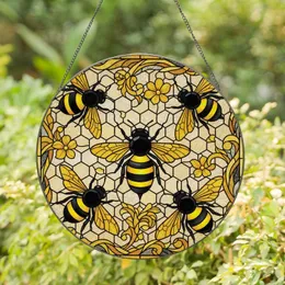 Five Honeybees Flowers Leaves Hexagonal Honeycomb - Home Decor Gift for Bee Lovers Stained Glass Suncatcher