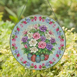 Easter Azalea Lilies Eggs Floral Wreath - Easter Home Decor Gift Stained Glass Suncatcher