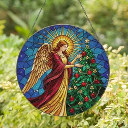 Graceful Angel Crimson Gown Christmas Tree Sunburst Halo - Holiday Home Decor Gift Stained Glass Suncatcher