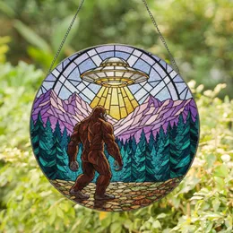 Bigfoot Sasquatch UFO Jagged Mountains Pine Forest Rugged Path - Home Decor Gift Stained Glass Suncatcher