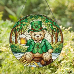 Teddy Bear Leprechaun Hat Beer Mug Clover Coins - St Patricks Day Home Decor Gift for Beer Lovers Stained Glass Suncatcher