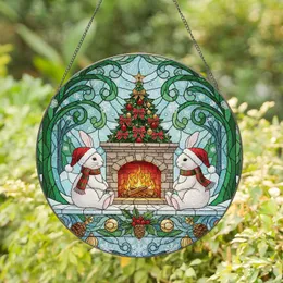Christmas Bunnies Fireplace Scene Holly Berries - Holiday Home Decor Gift for Bunny Lovers Stained Glass Suncatcher