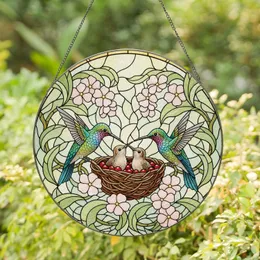 Hummingbirds Nest Red Berries Pink Flowers Green Leaves - Wildlife Lover Gift Stained Glass Suncatcher