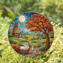 Woodland Rabbits Fawn Windmill Autumn Tree - Home Decor Gift for Animal Lovers Stained Glass Suncatcher