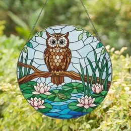 Brown Green Owl Frog Water Lily Aquatic Garden Window Scene - Nature Lover Home Decor Gift Stained Glass Suncatcher