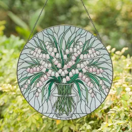 Pink White Bell Flowers Bouquet Vase - Home Decor Gift for Flower Lover Stained Glass Suncatcher