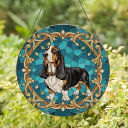 Basset Hound Dog Amber Scrollwork Teal Background - Home Decor Gift for Dog Lovers Stained Glass Suncatcher