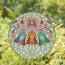 Translucent Stained Glass Bells Golden Tops Pink Bow Crystal Prisms - Home Decor Gift Stained Glass Suncatcher