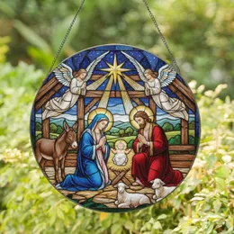 Mary Joseph Baby Jesus Nativity Angels Donkey Lambs Star - Christmas Home Decor Gift Stained Glass Suncatcher