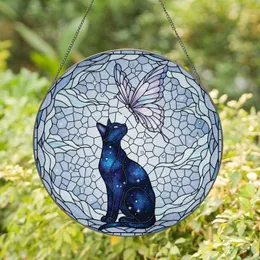 Black Cat Galaxy Butterfly Stars Clouds - Window Decor Gift for Cat Lovers & Butterfly Lovers Stained Glass Suncatcher