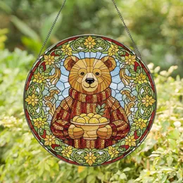 Bear with Golden Pastries Floral Mosaic Wreath - Home Decor Gift for Bear Lover Stained Glass Suncatcher