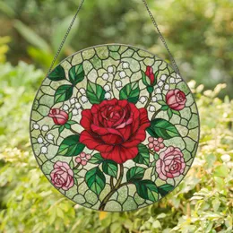 Red Rose Rosebuds Leaves Bell Flowers - Home Decor Gift for Garden Lover Stained Glass Suncatcher