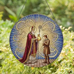 Richly Robed Bishop Giving Gold Bag to Humbly Dressed Young Man - Home Decor Gift Stained Glass Suncatcher