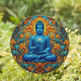 Dark Blue Buddha Lotus Aura Swirling Blossoms Ornate - Spiritual Meditation Home Decor Gift Stained Glass Suncatcher