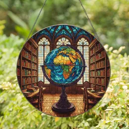 World Globe Library Bookshelves Arch Windows - Home Decor Gift for Book Lover Stained Glass Suncatcher