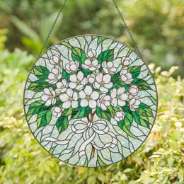 Delicate White Pink Apple Blossoms Green Leaves Ribbon Floral Bouquet - Home Decor Gift for Plant Lover Stained Glass Suncatcher