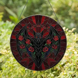 Menacing Black Bat Spread Wings Red Roses Halloween Home Decor Gift for Bat Lovers Stained Glass Suncatcher