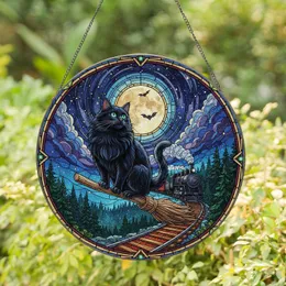 Black Cat Broomstick Full Moon Train - Halloween Home Decor Gift Stained Glass Suncatcher
