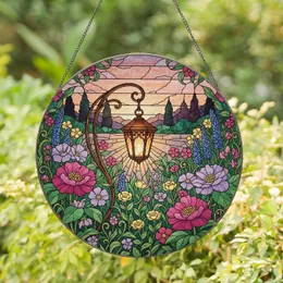 Vintage Lantern Lush Blooming Garden Sunset Scene - Home Decor Gift for Garden Lover Stained Glass Suncatcher