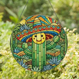 Smiling Cactus Sombrero Sunrays Desert Flora - Home Decor Gift for Plant Lover Stained Glass Suncatcher