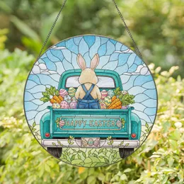 Bunny in Vintage Pickup Truck with Easter Eggs Carrots & Spring Sky - Easter Holiday Decor Stained Glass Suncatcher