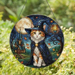 Calico Witch Cat Full Moon Gothic House Autumn - Halloween Decor for Cat Lovers Stained Glass Suncatcher