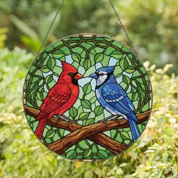 Red Cardinal Blue Jay Leaves Branch - Wildlife Lover Home Decor Gift Stained Glass Suncatcher