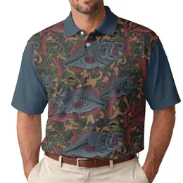 Large-mouth Bass Cracked Earth Camouflage Fishing Badges - Angler Lifestyle Gift Men's Polo Shirt