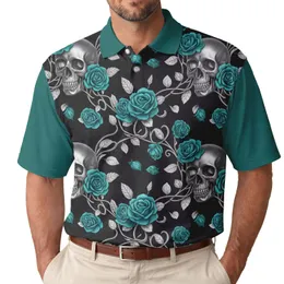 Metallic Silver Human Skulls Fully Bloomed Teal Roses Organic Vines - Statement Piece Gift Men's Polo Shirt