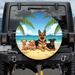 Four Dogs Tropical Beach Golden Sand Ocean - Dog Lover Summer Travel Gift Spare Tire Cover