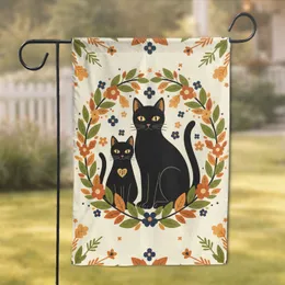 Black Cats Folk Cat Tapestry Botanical Wreath - Cat Lover Home Decor Gift Garden Flag