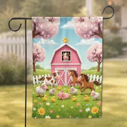 Pink Barn Farm Animals Wildflower Meadow - Farmhouse Home Decor Gift for Animal Lover Garden Flag