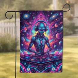 Neon Alien DJ Cosmic Planets Galaxies - Gamer Room Decor Gift for Sci-Fi Lover Garden Flag