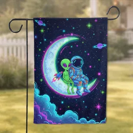 Astronaut Alien Crescent Moon Rocket Ship - Cosmic Home Decor Gift for Space Enthusiasts Garden Flag