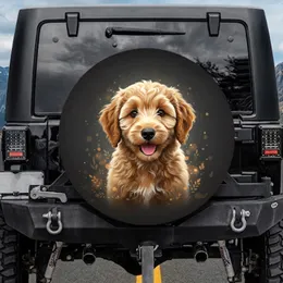 Light Brown Fluffy Goldendoodle Puppy Charcoal Background - Dog Lover Gift for Pet Owners Spare Tire Cover