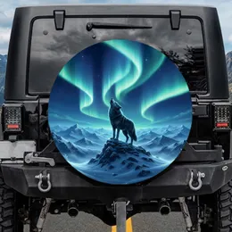 Lone Dark Wolf Snowy Mountain Aurora - Wildlife Lover Gift Spare Tire Cover