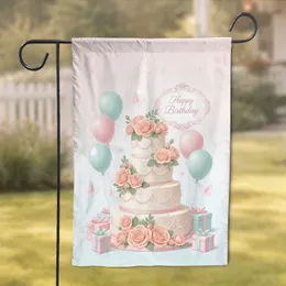 Happy Birthday Cake Roses Balloons Butterflies - Celebration Gift Garden Flag