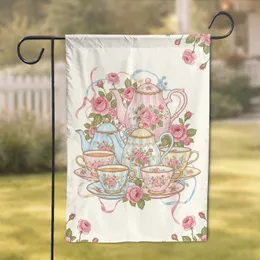 Ornate Teapots Teacups Pink Roses Forget-Me-Nots - Afternoon Tea Decor for Tea Lover Garden Flag