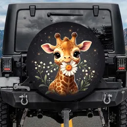 Plump Baby Giraffe Golden Brown Spots Daisy Bell Flowers - Nature Lover Gift for Kids Spare Tire Cover