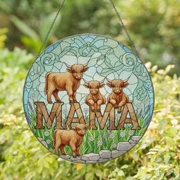 Fluffy Highland Cow Calves MAMA Floral Stone Wall Starry - Mother's Day Gift for Mom Stained Glass Suncatcher