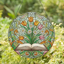 Open Book Tulips Daisies Floral Bouquet - Home Decor Gift for Book Lovers Stained Glass Suncatcher