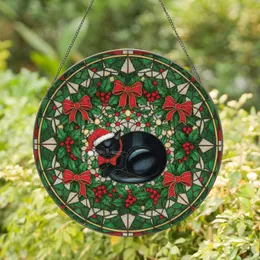 Sleeping Black Cat Holly Berry Christmas Wreath - Holiday Home Decor Gift for Cat Lovers Stained Glass Suncatcher